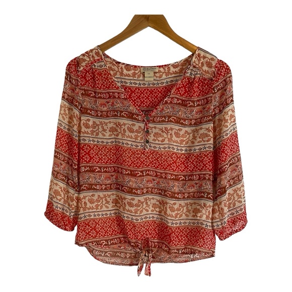 The Lucky‎ Brand Red Coral Brown Sheer 3/4 Length Sleeve With Waist Tie Size XS - Picture 1 of 9